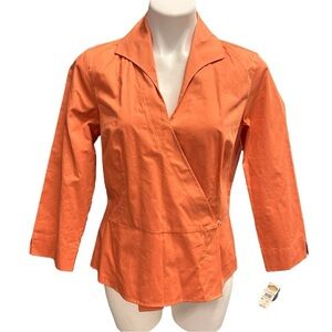 Talbots Coral/Orange Wrap Blouse 3/4 Sleeve 100% Cotton Business Office Size 10